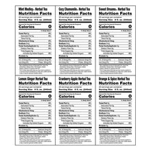 Herbal tea nutrition facts labels on three boxes with flavor names.
