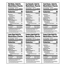 Tea nutrition facts labels for multiple herbal flavors