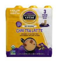 Oregon Chai chai tea latte concentrate 3-pack cartons, amber and purple.