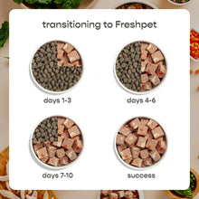 Freshpet transition guide with bowls for days 1–3, 4–6, 7–10, success