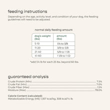 Freshpet feeding instructions table with guaranteed analysis values