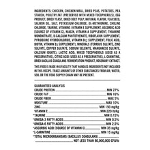 Dog food ingredients and guaranteed analysis panel with protein and vitamin E listings.