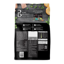 Back of chicken & pea grain-free dry dog food bag with support icons and tables.