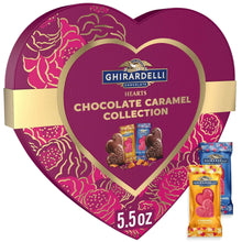 Heart-shaped chocolate box with Ghirardelli Hearts label, purple and gold trim