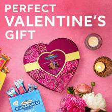Heart-shaped Ghirardelli chocolate caramel collection box on a decorative table