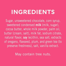 Ingredients panel for chocolate hearts, listing sugar and unsweetened chocolate