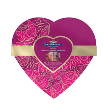 Heart-shaped Ghirardelli chocolate caramel box with hearts label, purple and gold