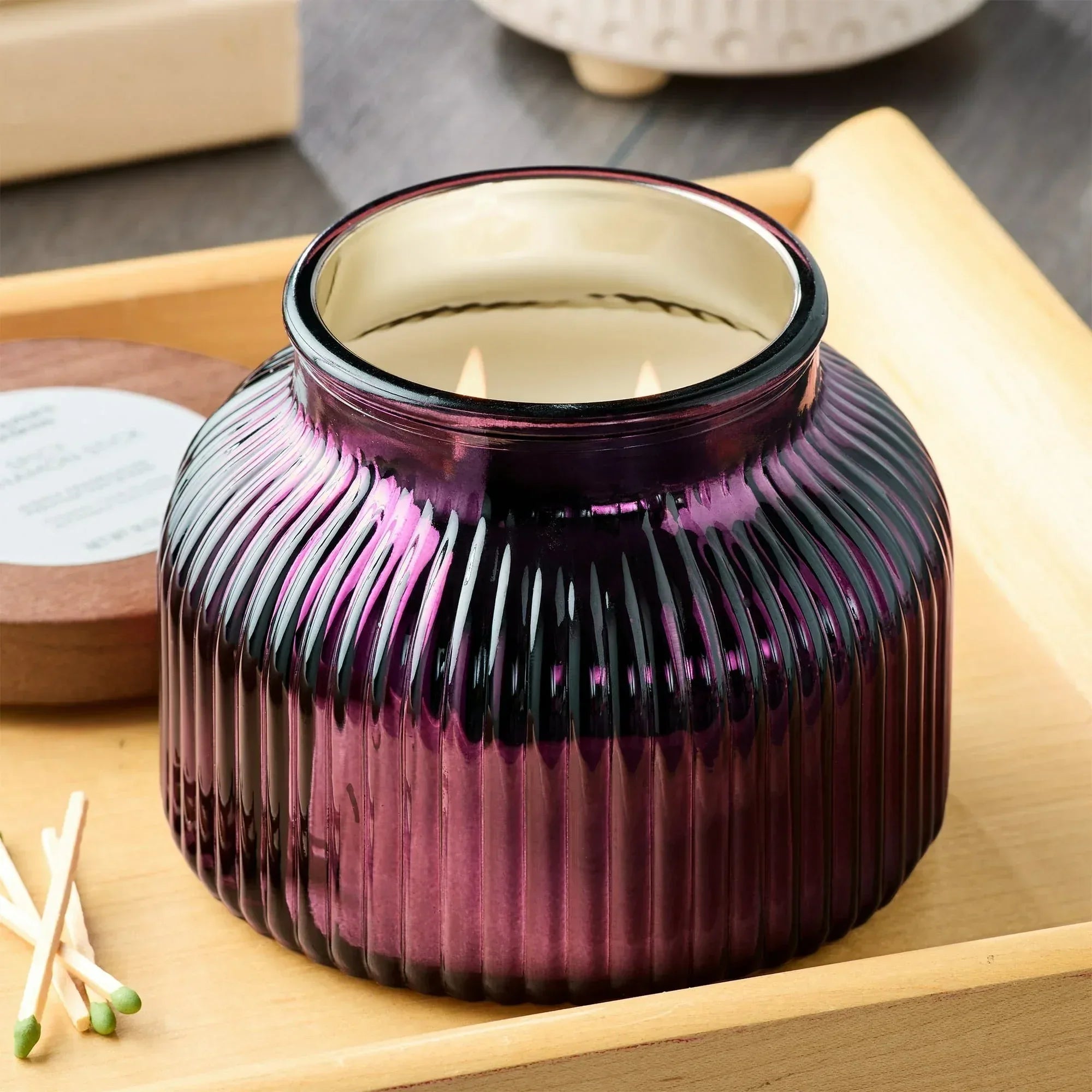 Better Homes & Gardens Scented Cotton 2-Wicks Ribbed Mecury Glass Jar Candle with Wooden Lid 18oz