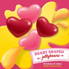 Heart-shaped jelly beans in pink, yellow, and dark red, with glossy candy hearts