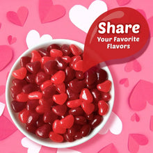 Heart-shaped jelly beans in a white bowl, red and dark red glossy candy hearts