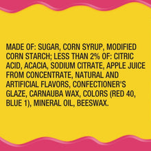 Ingredients list text on yellow background for heart-shaped jelly beans candy