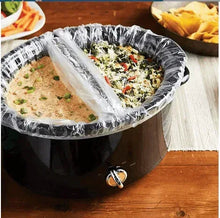 Slow cooker liner in a slow cooker filled with green and herb casserole