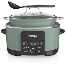 Green multi-cooker with glass lid, utensil on top, and front digital control panel