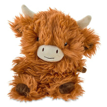 Brown plush Highland cow toy with white muzzle, stitched eyes and small horns
