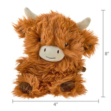 Brown plush Highland cow with 8 in height markings, shaggy fur and smiling face
