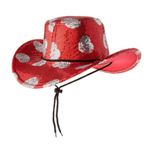 Red sequin cowboy hat with silver heart motifs, curved brim and black tie strings