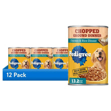 Wet dog food 12-pack with chopped ground dinner chicken & rice can