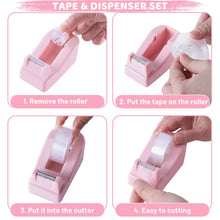 Pink tape dispenser with clear tape roll, loading and easy cutting step images
