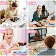 Pink desk office tools on a laptop desk: stapler, tape dispenser, sticky notes, pens