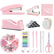 Pink office desk set with stapler, tape dispenser, clips, scissors, ruler, pens, tabs