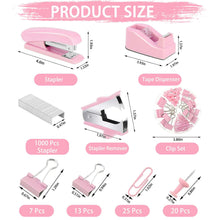 Pink stapler and tape dispenser size diagram with clips, staples, pens, and note set