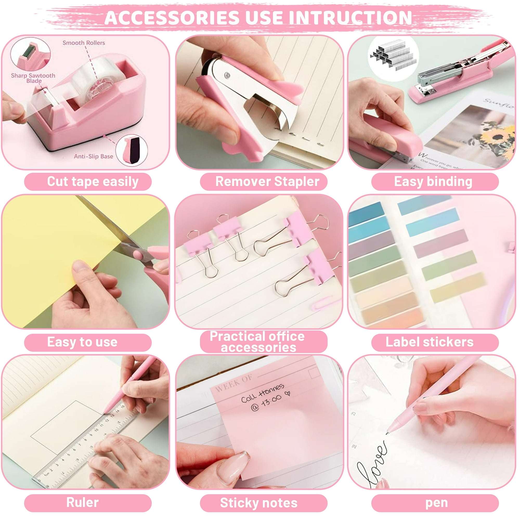 cyrico Pink Office Supplies Set, Stapler and Tape Dispenser Set Desk Accessories Kit with Stapler, Tape Dispenser, Remover, Staples, Clips, Scissor, Ruler, Pen and Tabs for Women, Clerks
