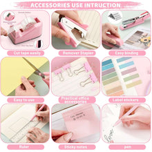Pink stapler kit icons: cutter, remover, ruler, sticky notes, pen, label tabs