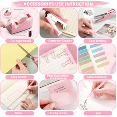 cyrico Pink Office Supplies Set, Stapler and Tape Dispenser Set Desk Accessories Kit with Stapler, Tape Dispenser, Remover, Staples, Clips, Scissor, Ruler, Pen and Tabs for Women, Clerks