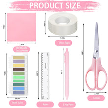 Pink office accessory set diagram: clear tape roll, ruler, scissor, pens, sticky note tabs