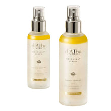 d'Alba First Spray Serum set, two white bottles with silver pumps and gold accents
