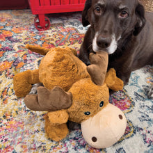 Plush moose dog toy with tan muzzle, dark brown antlers, and brown body