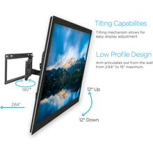 Full-motion TV wall mount kit with attached black bracket and tilting TV position