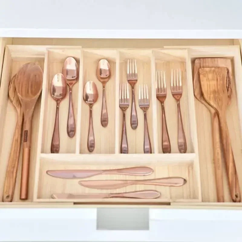 Idesign Renewable Paulownia Wood Collection Expandable Flatware and Cutlery Tray, 15" X 12" to 22"