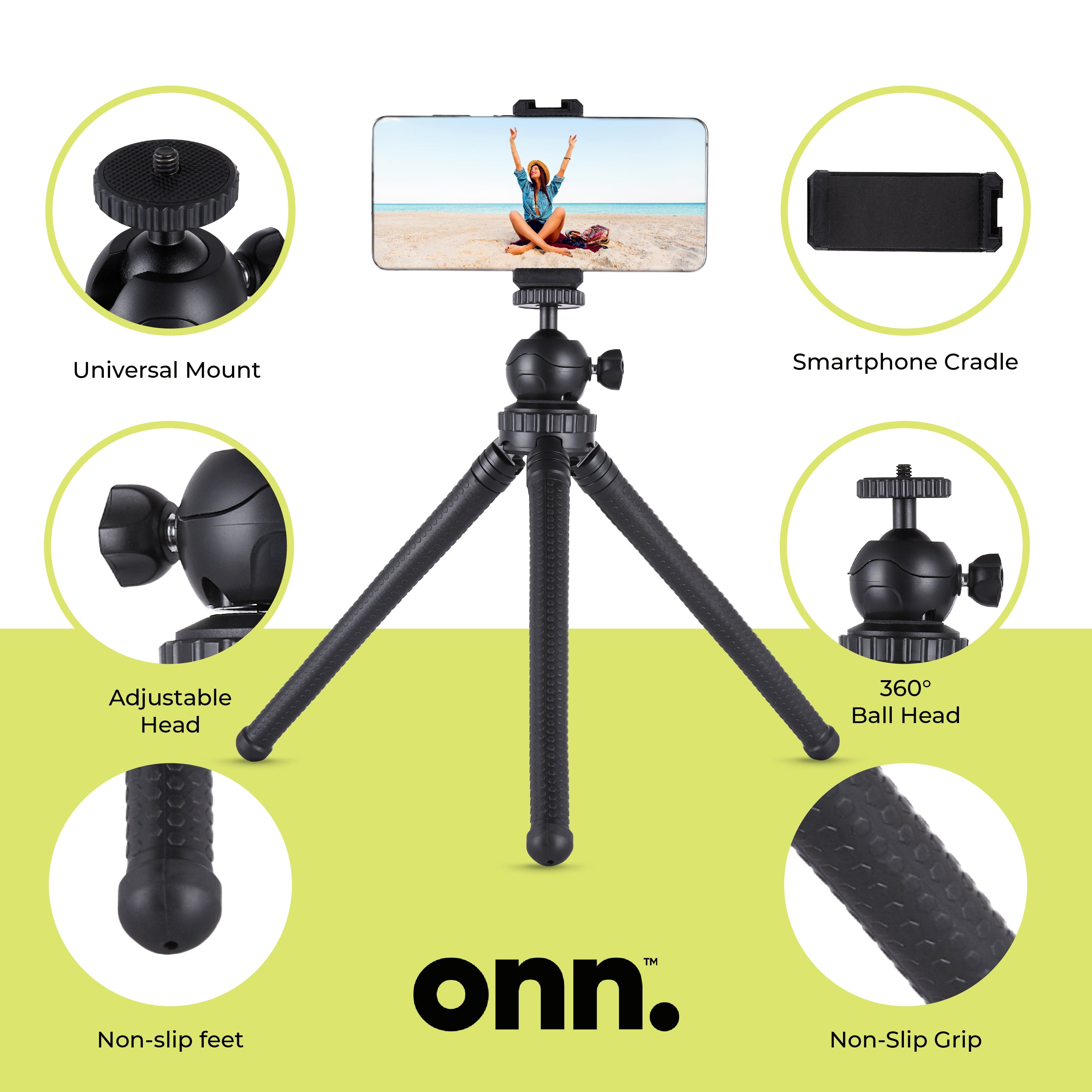 onn Adjustable Mini Tripod Stand for Compact Cameras, GoPro Cameras, and Smartphones