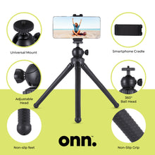onn adjustable mini-tripod infographic featuring smartphone cradle, 360° ball head, and no-slip grip