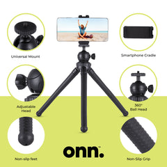 onn Adjustable Mini Tripod Stand for Compact Cameras, GoPro Cameras, and Smartphones