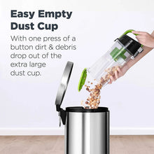 Empty dust cup with green filter insert and clear bin, black lid