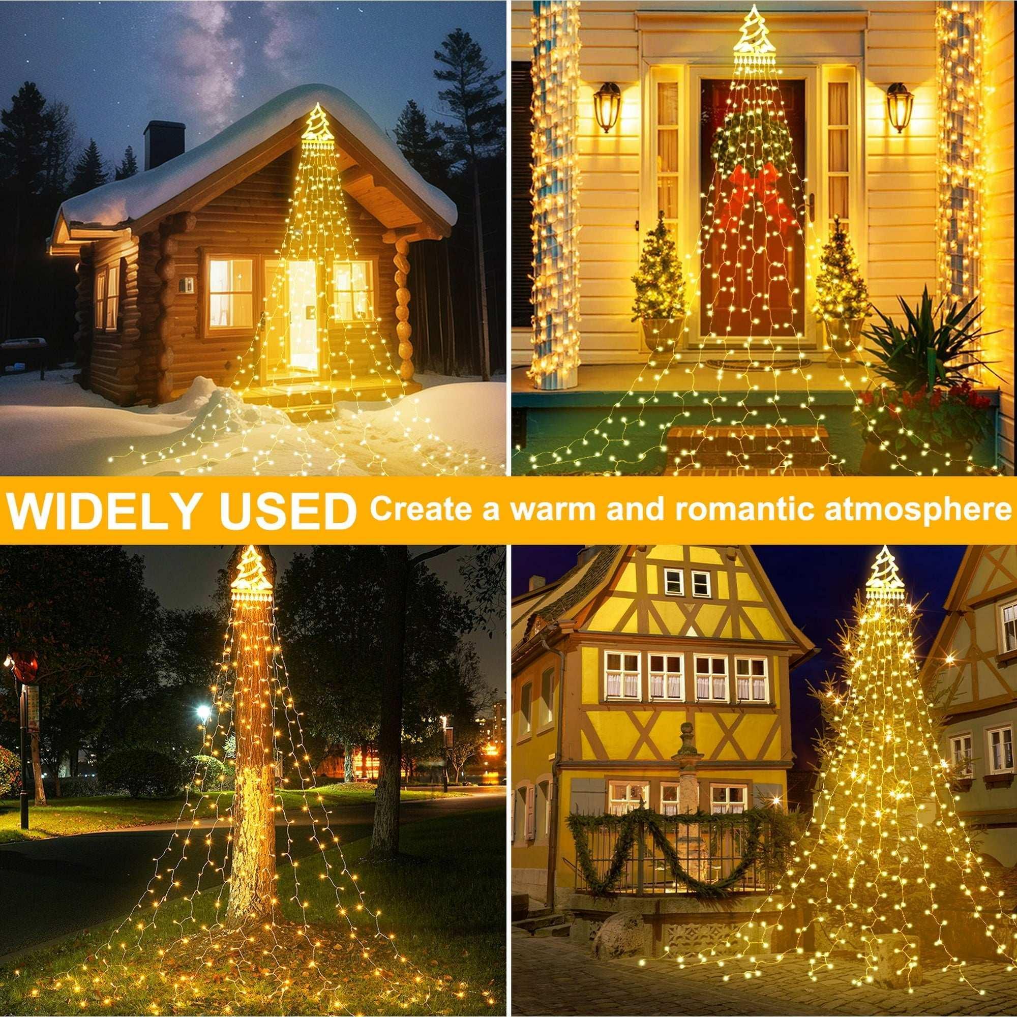 Magotan 12ft 350 LED Waterfall Christmas Lights Outdoor Decoration Twinkle Solar Christmas Tree String Lights with Top Star Xmas Holiday Garden Yard Decoration, Warm White - USA MEGA SHOP