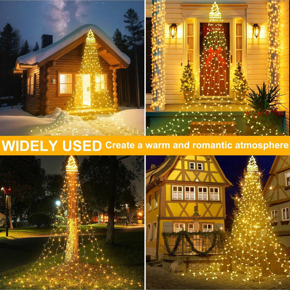 Magotan 12ft 350 LED Waterfall Christmas Lights Outdoor Decoration Twinkle Solar Christmas Tree String Lights with Top Star Xmas Holiday Garden Yard Decoration, Warm White - USA MEGA SHOP