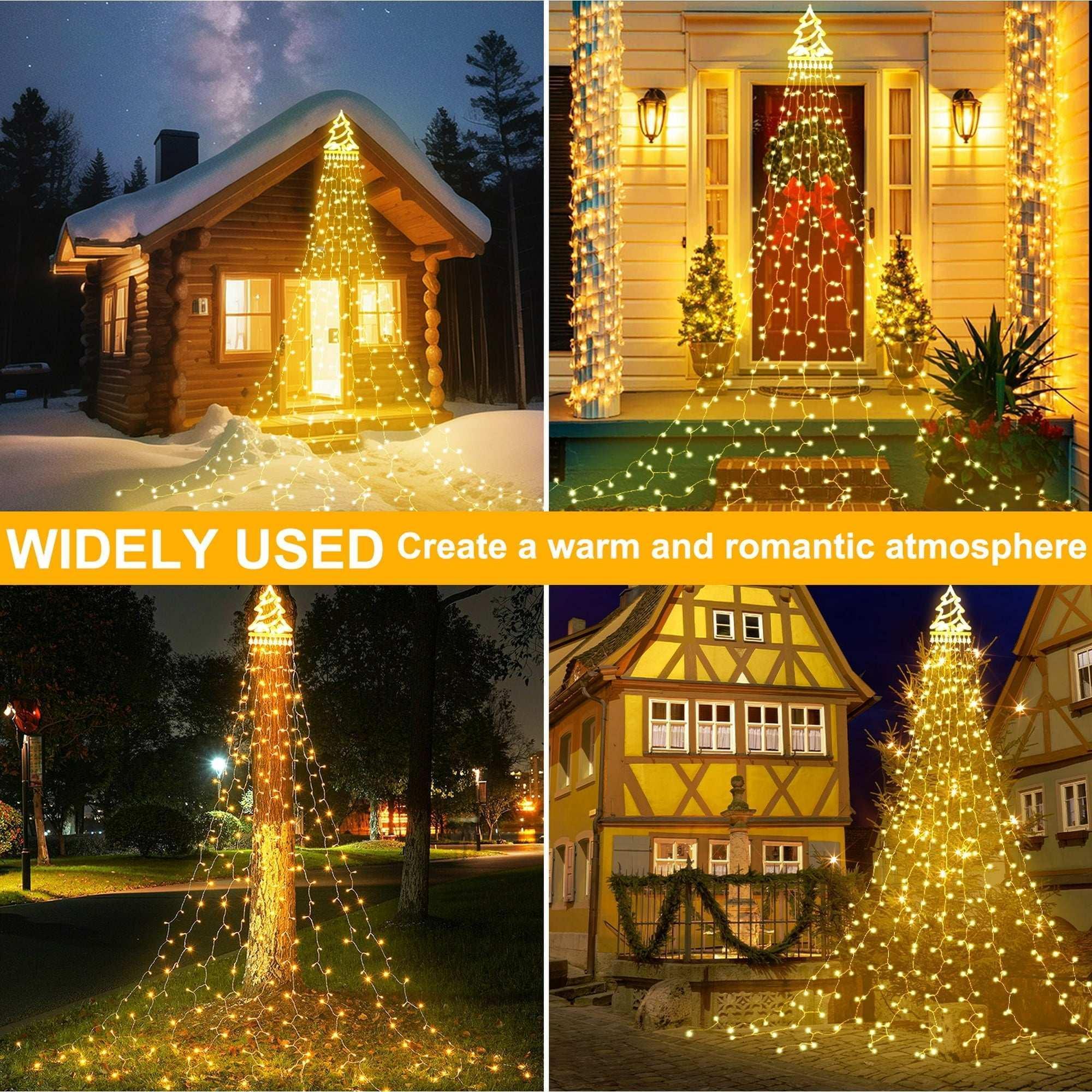 Magotan 12ft 350 LED Waterfall Christmas Lights Outdoor Decoration Twinkle Solar Christmas Tree String Lights with Top Star Xmas Holiday Garden Yard Decoration, Warm White