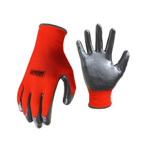 Red knit work gloves with black nitrile-coated palms and textured fingertips