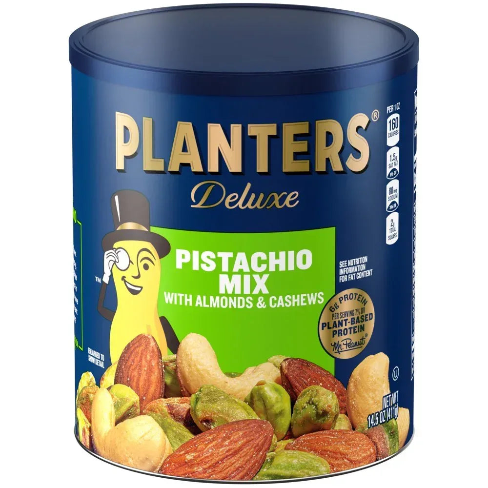 Deluxe Pistachio Mix, Party Snacks, Plant-Based Protein, 14.5 Oz Canister