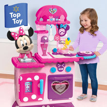 Pink Minnie kids pretend play kitchen set with toy sink, stove, and clock