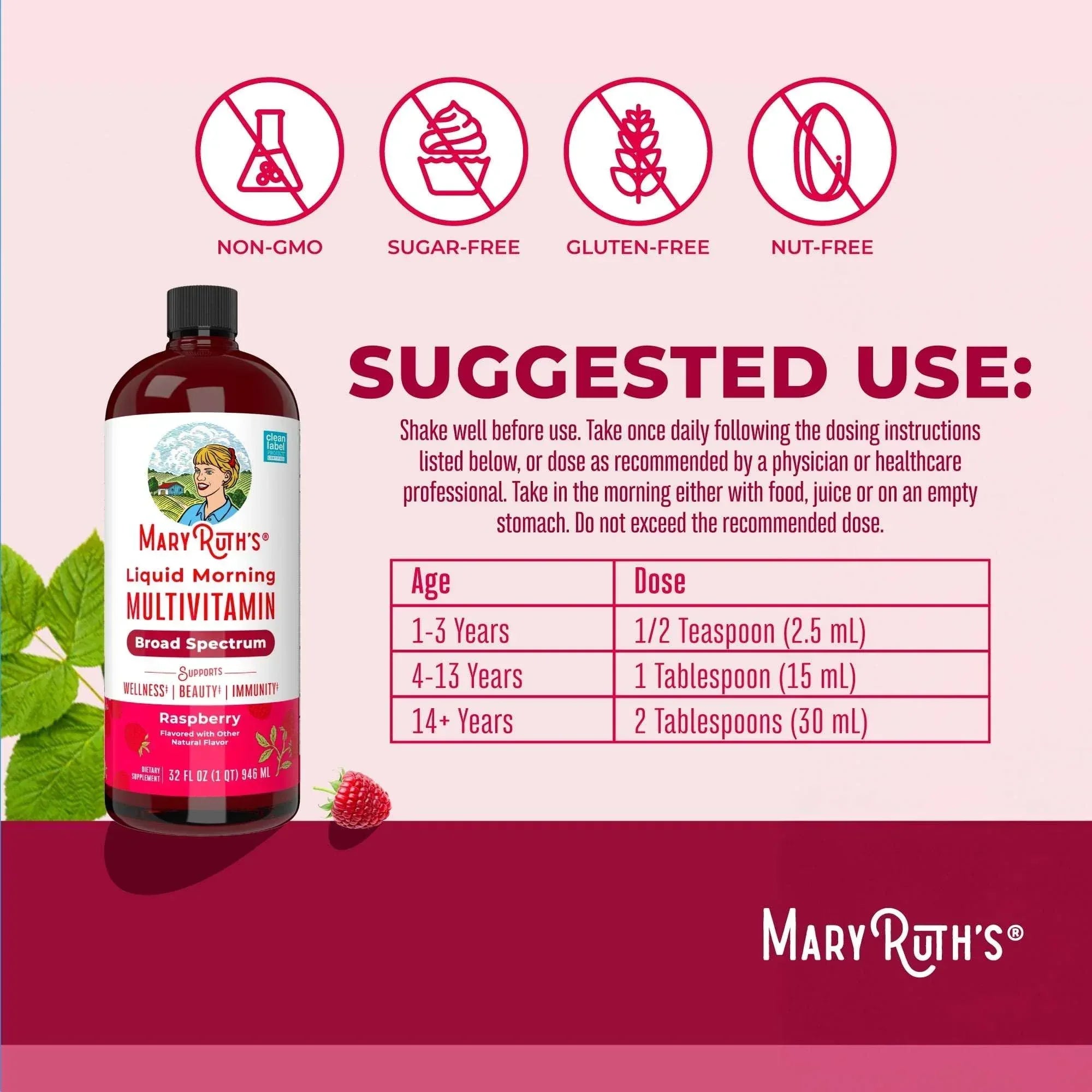 MaryRuth's Morning Multivitamin Liquid, Raspberry, Unisex, 32 Fl Oz, Vegan, Non-GMO, Vitamins C and D