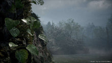 PlayStation 5 game screenshot with rocky vines, trees, and foggy clearing