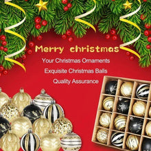 Assorted hanging baubles with gold sparkle, dark finishes, and striped accents on pine branches