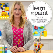 Paint art lessons kit with acrylic bottles, brushes, and instructor painting