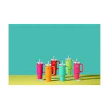 Assorted color tumblers with straws and handles, multiple sizes