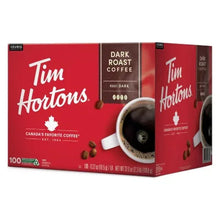 Tim Hortons dark roast coffee pod box, 100-count, red packaging side view