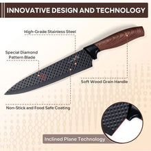 Chef-style kitchen knife with textured black blade and brown wood-grain handle